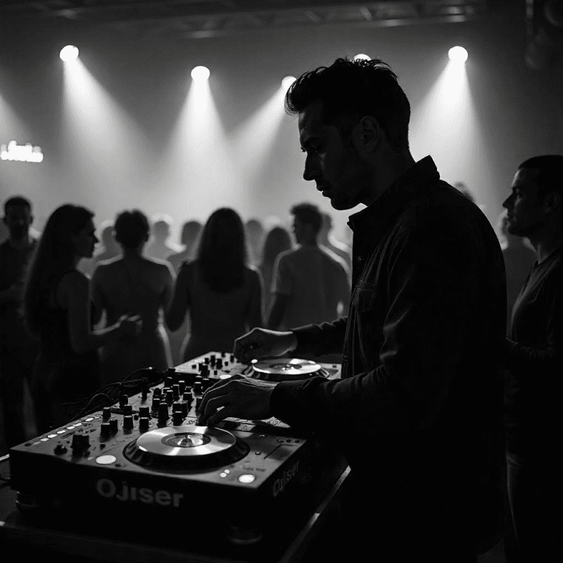 DJ groja muziką renginyje, kurdamas energingą atmosferą svečiams.